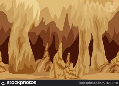 Underground cave landscape. Background for cartoon or adventure fantasy game asset for level design. Underground city of dark elves or gnomes, mysterious night cave realm. Vector illustration