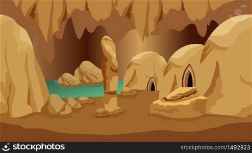 Underground cave landscape. Background for mysterious fantasy game asset or cartoon. Underground realm of gnomes or dwarves. Rock houses, lake, stones. Vector illustration