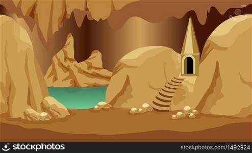 Underground cave landscape scene. Rock city of gnomes, dwarves or dark elves for cartoon or adventure fantasy game asset. Vector illustration