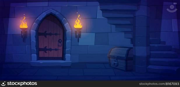 Underground dungeon with wooden door, torch fire and treasure chest. Vector cartoon illustration of medieval palace hallway, basement with stone stairs, prison cell entrance. Adventure game background. Underground dungeon with wooden door, torch fire
