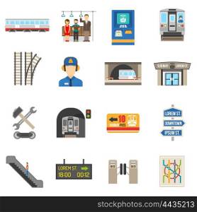 Underground Icons Set. Underground icons set of different city subway elements like ticket train or escalator flat isolated vector illustration