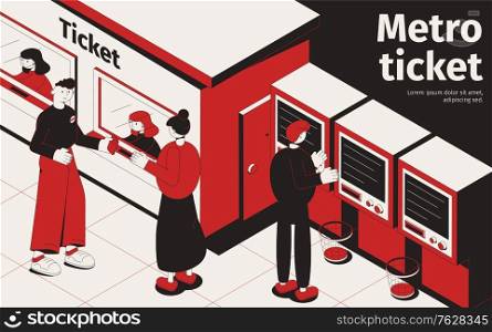 Underground isometric poster with passengers buying tickets at ticket office and metro vending machines vector illustration