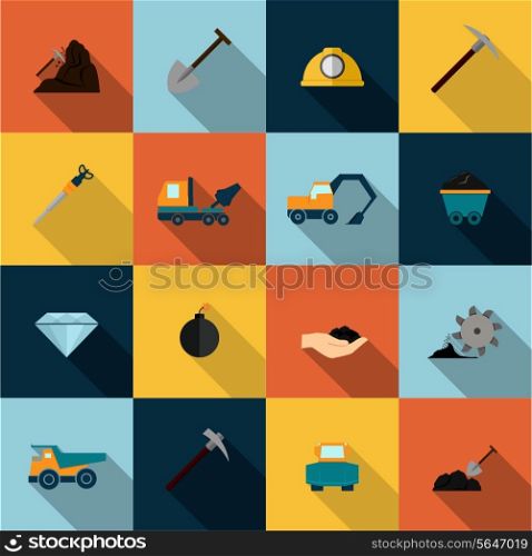 Underground mining mineral industry flat icons set isolated vector illustration