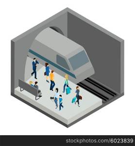Underground People Illustration . Underground people with train bench and platform isometric vector illustration