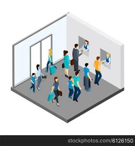 Underground People Isometric Illustration . Underground people with luggage and queue for tickets isometric vector illustration