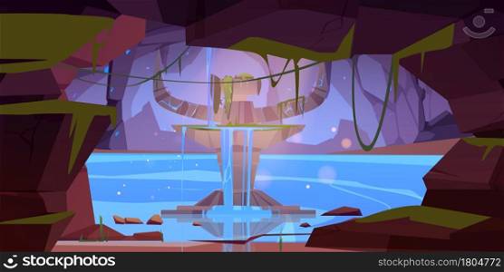 Underground rocky cave with ancient stone altar and flowing water. Vector cartoon illustration of stone cavern with lake or river and tribal totem with devil horns for sacrifice and worship. Rocky cave with ancient altar and flowing water