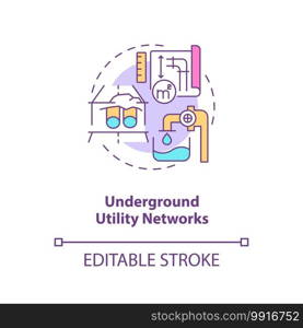 Underground utility network concept icon. Tap water supply planning. Pipeline mapping. Civil engineering idea thin line illustration. Vector isolated outline RGB color drawing. Editable stroke. Underground utility network concept icon