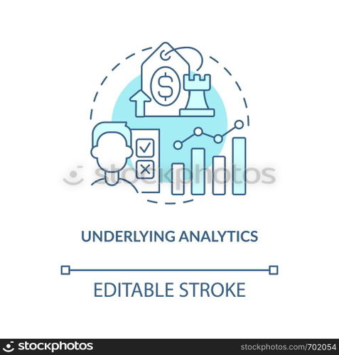 Underlying analytics blue concept icon. Basic data analysis. Price testing key factor abstract idea thin line illustration. Isolated outline drawing. Editable stroke. Arial, Myriad Pro-Bold fonts used. Underlying analytics blue concept icon