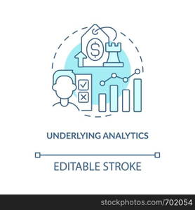 Underlying analytics blue concept icon. Basic data analysis. Price testing key factor abstract idea thin line illustration. Isolated outline drawing. Editable stroke. Arial, Myriad Pro-Bold fonts used. Underlying analytics blue concept icon