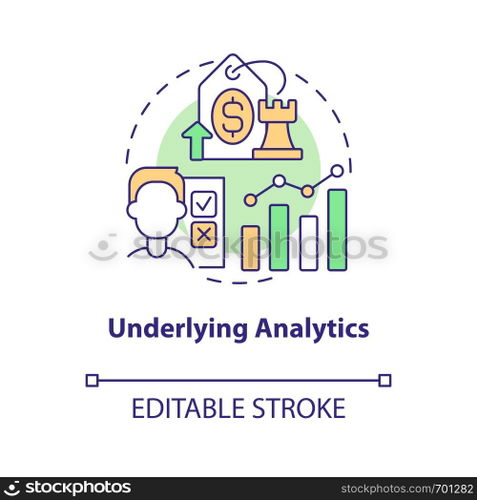 Underlying analytics concept icon. Basic data analysis. Price testing key factor abstract idea thin line illustration. Isolated outline drawing. Editable stroke. Arial, Myriad Pro-Bold fonts used. Underlying analytics concept icon