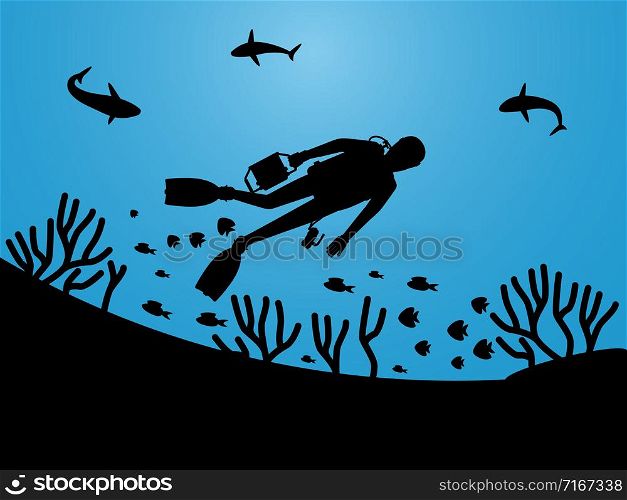 Undersea life silhouettes with scuba diver vector background. Illustration of diver in marine water, scuba diving. Undersea life silhouettes with scuba diver vector background