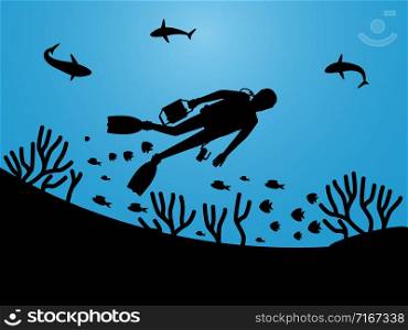 Undersea life silhouettes with scuba diver vector background. Illustration of diver in marine water, scuba diving. Undersea life silhouettes with scuba diver vector background