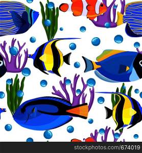 Undersea seamless pattern. Fish underwater with bubbles. Kids background. Pattern of fish for textile fabric or book covers, wallpapers, design, graphic art, wrapping. Undersea seamless pattern. Fish underwater with bubbles.
