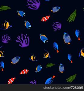 Undersea seamless pattern. Fish underwater with bubbles. Kids background. Pattern of fish for textile fabric or book covers, wallpapers, design, graphic art, wrapping. Fish underwater with bubbles. Undersea seamless pattern.