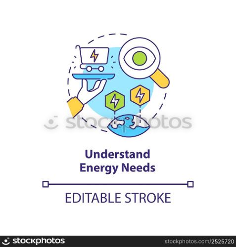 Understand energy needs concept icon. Step to energy strategy abstract idea thin line illustration. Predict consumption. Isolated outline drawing. Editable stroke. Arial, Myriad Pro-Bold fonts used. Understand energy needs concept icon