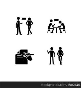 Understanding in communication black glyph icons set on white space. Nonverbal signal. Attitudinal barriers. Writing letters. Personal discomfort. Silhouette symbols. Vector isolated illustration. Understanding in communication black glyph icons set on white space