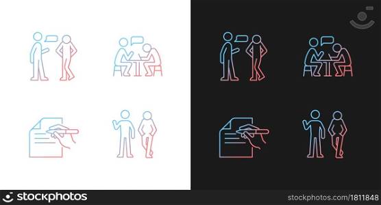 Understanding in communication gradient icons set for dark and light mode. Nonverbal signal. Thin line contour symbols bundle. Isolated vector outline illustrations collection on black and white. Understanding in communication gradient icons set for dark and light mode