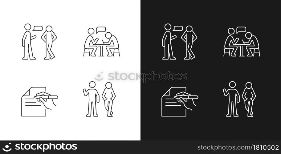 Understanding in communication linear icons set for dark and light mode. Nonverbal signal. Attitudinal barriers. Customizable thin line symbols. Isolated vector outline illustrations. Editable stroke. Understanding in communication linear icons set for dark and light mode