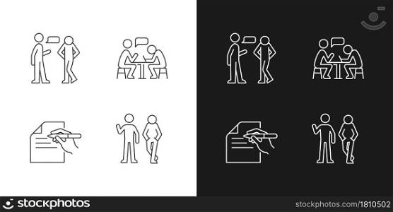 Understanding in communication linear icons set for dark and light mode. Nonverbal signal. Attitudinal barriers. Customizable thin line symbols. Isolated vector outline illustrations. Editable stroke. Understanding in communication linear icons set for dark and light mode