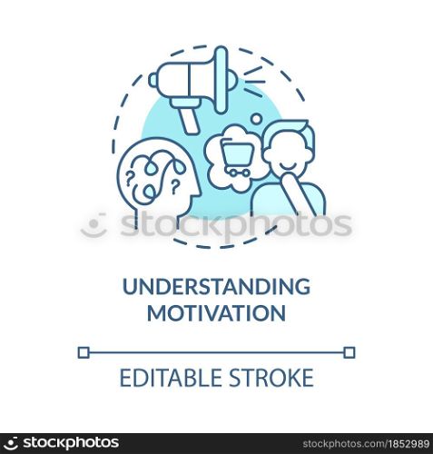 Understanding motivation blue concept icon. Factors that make you buy. Real emotions. Consumerism abstract idea thin line illustration. Vector isolated outline color drawing. Editable stroke. Understanding motivation blue concept icon