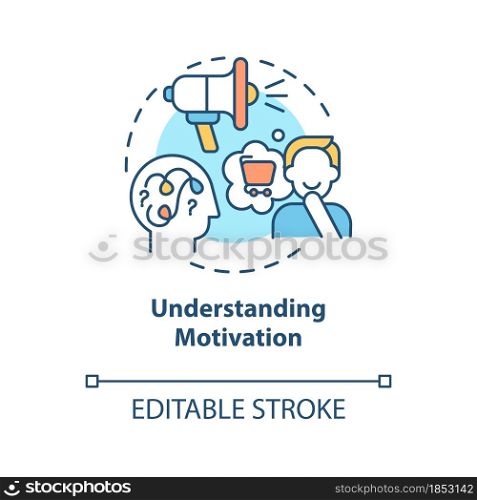 Understanding motivation concept icon. Factors that make you buy. Real emotions and thoughts. Consumerism abstract idea thin line illustration. Vector isolated outline color drawing. Editable stroke. Understanding motivation concept icon