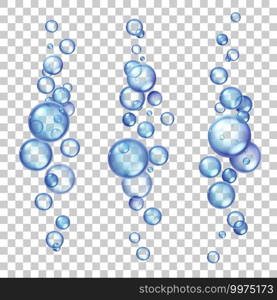 Underwater air bubbles. Fizzing gas flying in water or soda drink. Realistic soap or oxygen bubble group flow in sea or aquarium vector set. Pure aqua sparkle elements, fresh effect. Underwater air bubbles. Fizzing gas flying in water or soda drink. Realistic soap or oxygen bubble group flow in sea or aquarium vector set