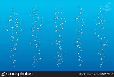 Underwater air bubbles realistic vector design of soda water, fizzing ch&agne, fizzy drink or sparkling beverage. 3d bubble streams of clear sea water, aquarium oxygen pump and effervescent powder. Underwater air bubbles, realistic soda water