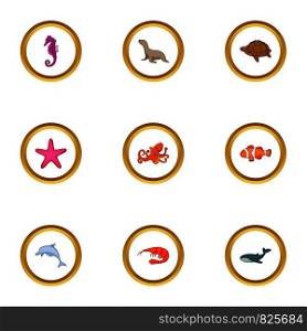 Underwater animal icons set. Cartoon style set of 9 underwater animal vector icons for web design. Underwater animal icons set, cartoon style
