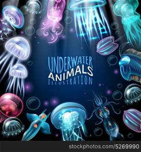 Underwater Animals Frame Background. Light and bright underwater animals frame background squid jellyfish and other inhabitants vector illustration