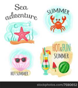 Underwater animals, sea adventure and hot summer vector. Seafish and crab, seashell in sunglasses and cocktail with straw, ice cream and watermelon. Sea Adventure and Hot Summer, Underwater Animals