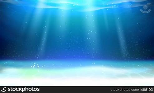 Underwater Aquarium Sunlight And Bubbles Vector. River Underwater Illuminated Bottom, Rippled And Reflection Water. Tranquil Waterscape Scene With Shine Light Rays Template Realistic 3d Illustration. Underwater Aquarium Sunlight And Bubbles Vector