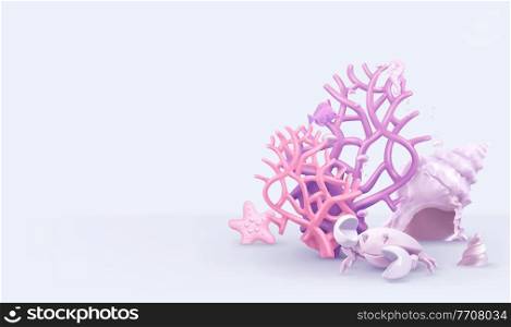 Underwater background. 3d vector objects coral, starfish, shells, crab. Greeting card, poster, banner, flyer