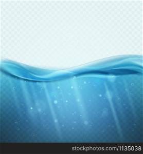 Underwater background. Blue water ocean, sea or lake with undersea light rays and waves. Ecosystem nature clean nautical panorama 3d realistic vector texture with bubbles. Underwater background. Blue water ocean, sea or lake with undersea light rays and waves. Ecosystem nature panorama 3d realistic vector texture