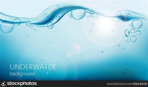 Underwater background with airbubbles and waves on top