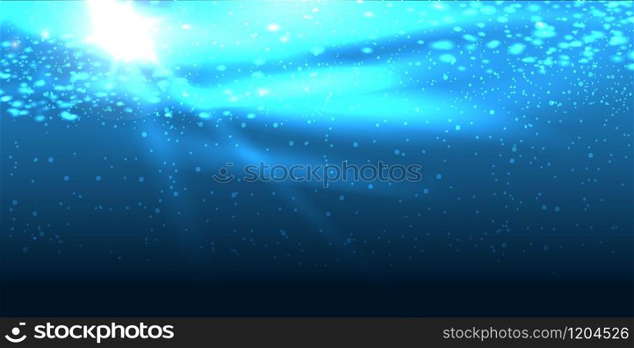 Underwater background with bubbles and rays of sunlight. Realistic vector illustration