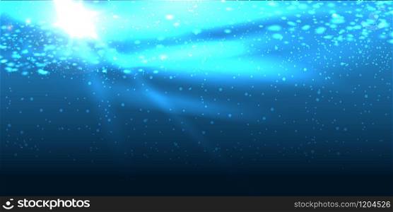 Underwater background with bubbles and rays of sunlight. Realistic vector illustration