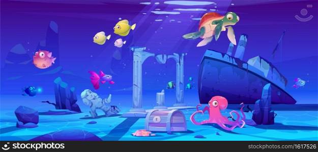 Underwater background with ocean fish, sunken ship and ruins. Vector cartoon of deep seafloor with marine wildlife, treasure chest and shipwrecked steamboat. Underwater sea landscape with fish and sunken ship
