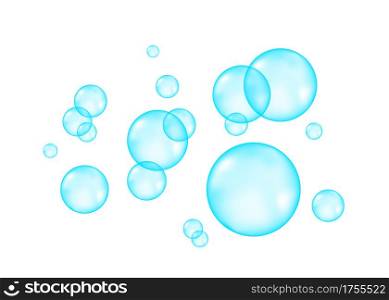 Underwater blue fizzing air, water or oxygen bubbles on white background. Soap foam. Fizzy sparkles in sea, aquarium. Cleanliness. Undersea vector texture.
