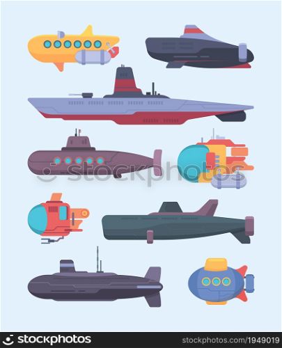 Underwater boat. Submarines diving ocean exploration vector cartoon illustrations set. Military and researching ship to dive underwater. Underwater boat. Submarines diving ocean exploration vector cartoon illustrations set