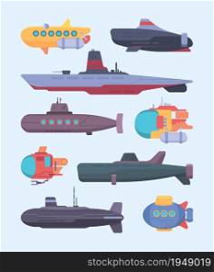 Underwater boat. Submarines diving ocean exploration vector cartoon illustrations set. Military and researching ship to dive underwater. Underwater boat. Submarines diving ocean exploration vector cartoon illustrations set