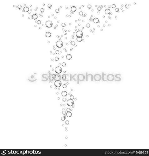 Underwater bubbles of fizzing soda. Streams of air. Dissolving tablets. Realistic oxygen pop in effervescent drink. Vector sparkles on white background.