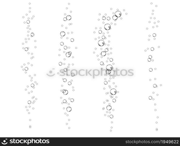 Underwater bubbles of fizzing soda. Streams of air. Dissolving tablets. Realistic oxygen pop in effervescent drink. vector sparkles on white background