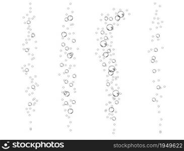 Underwater bubbles of fizzing soda. Streams of air. Dissolving tablets. Realistic oxygen pop in effervescent drink. vector sparkles on white background