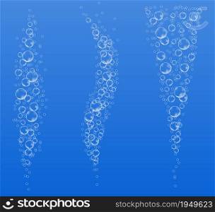Underwater bubbles of fizzing soda. Streams of air. Dissolving tablets. Realistic oxygen pop in effervescent drink. Vector sparkles on blue background
