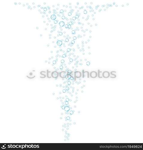 Underwater bubbles of fizzing soda. Streams of air. Dissolving tablets. Realistic oxygen pop in effervescent drink. Blue vector sparkles on white background.