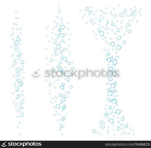 Underwater bubbles of fizzing soda. Streams of air. Dissolving tablets. Realistic oxygen pop in effervescent drink. Blue vector sparkles on white background.