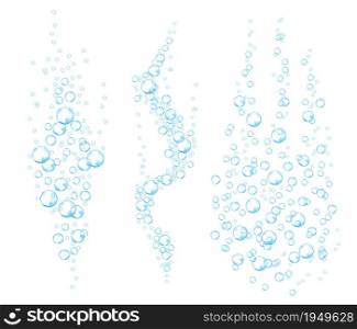 Underwater bubbles of fizzing soda. Streams of air. Dissolving tablets. Realistic oxygen pop in effervescent drink. Blue vector sparkles on white background
