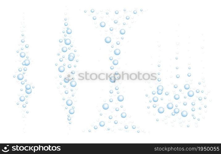 Underwater bubbles of fizzing soda. Streams of air. Dissolving tablets. Realistic oxygen pop in effervescent drink. Blue vector sparkles on white background. Underwater bubbles of fizzing soda. Streams of air. Dissolving tablets. Realistic oxygen pop in effervescent drink. Blue vector sparkles on white background.