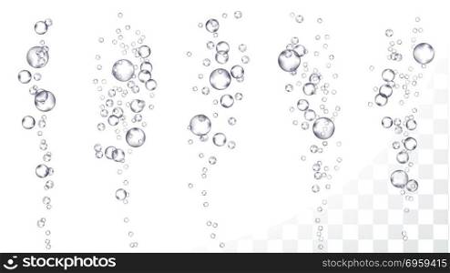 Underwater Bubbles Vector. Air Stream In Sea, Aquarium. Effervescent Drink. Gas, Oxygen. Fizzy, Fresh. Transparent Realistic Isolated Illustration. Underwater Bubbles Vector. Fizzy Aqua Sparkles In Water, Undersea. Effervescent Medicine. Transparent Realistic Isolated Illustration