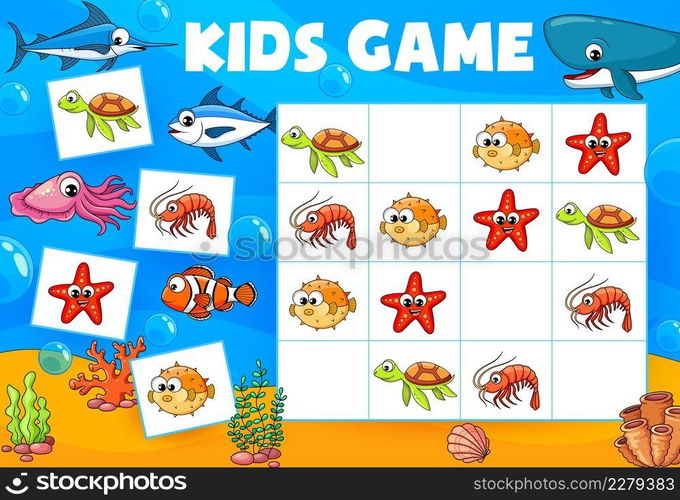 Underwater cartoon animals sudoku game vector worksheet, block puzzle, riddle or quiz on blue sea background. Kids education maze with funny whale, sea turtle, shrimp or prawn, clownfish and starfish. Underwater cartoon animals sudoku game worksheet